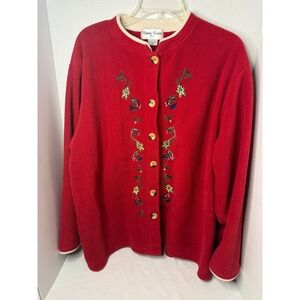 Bonnie Evans Plus Red Fleece Button Up  Embroidered Gingerbread Men Holiday 3X
